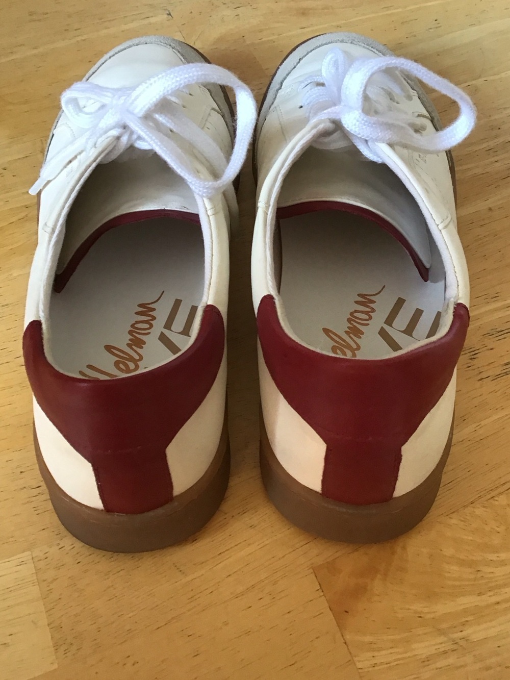 Sam Edelman Cream Leather Sneakers with Gray Suede and Burgundy Heel accents - Picture 4 of 6